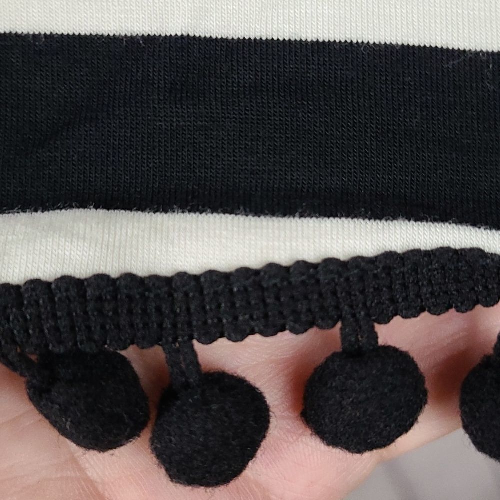 Black White Stripe Top Large Cable & Gauge Pom Detail Soft Luxe Chic Dolman Tee - Picture 7 of 10